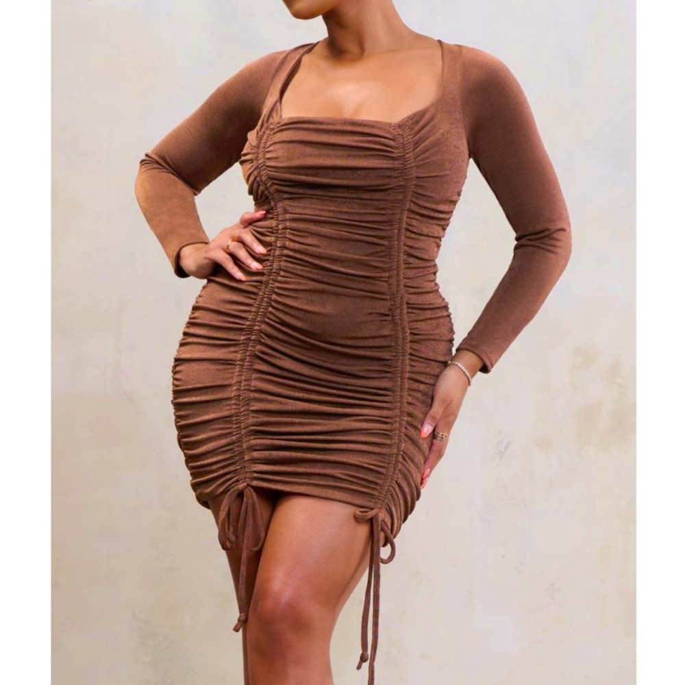 Mirage Plus Brown Long Sleeve Ruched Mini Dress